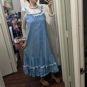 Vtg 70s Mako Hawaii Muumuu Dress Blue Cotton Floral Lace Boho Prairie